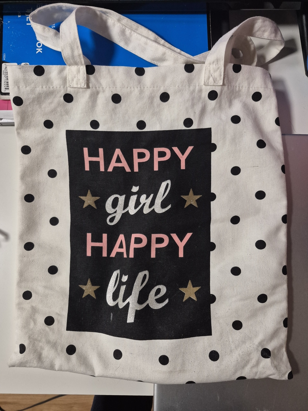 Happy Girl Happy Life Polka Dot Canvas Tote - White/Black/Pink
